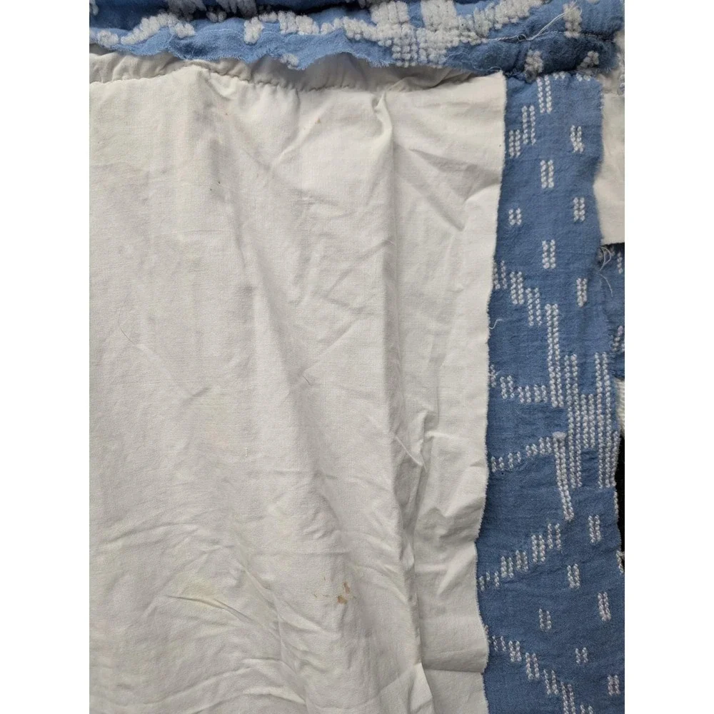 Vtg Bath Curtains Double Wedding Ring Chenille Drapes Blue White Pair Rod Pocket